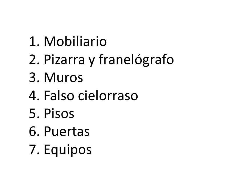 1. Mobiliario 2. Pizarra y franelógrafo 3. Muros 4. Falso cielorraso 5