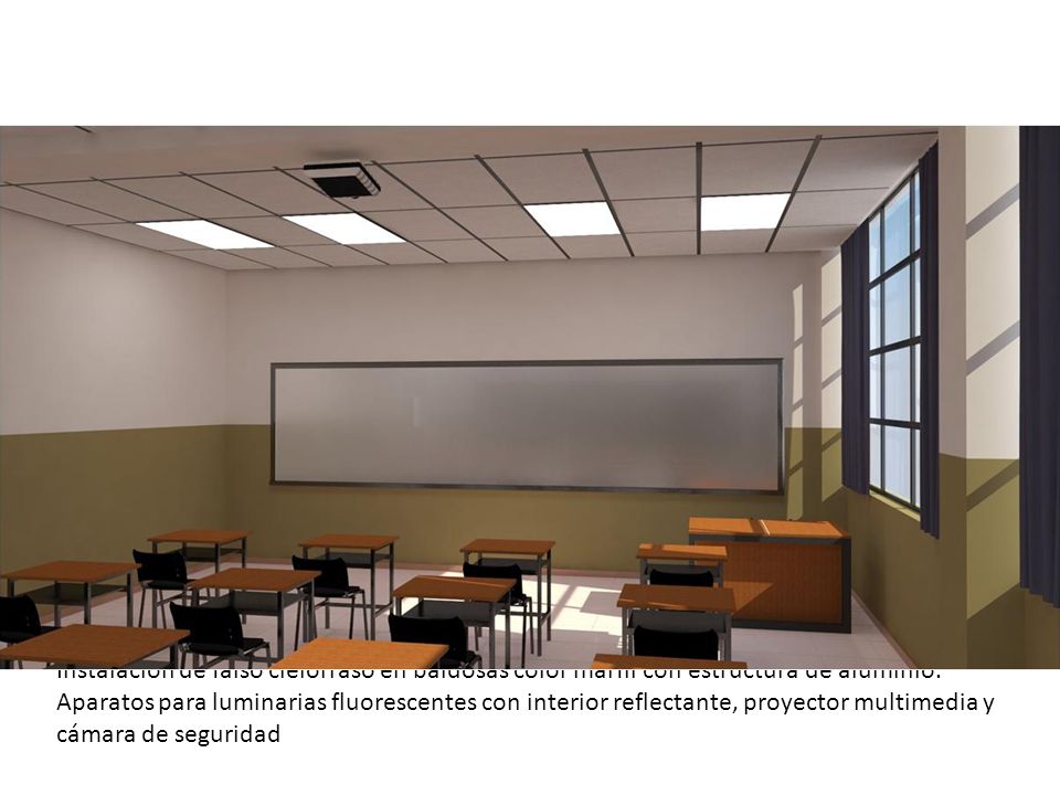 Instalación de falso cielorraso en baldosas color marfil con estructura de aluminio.