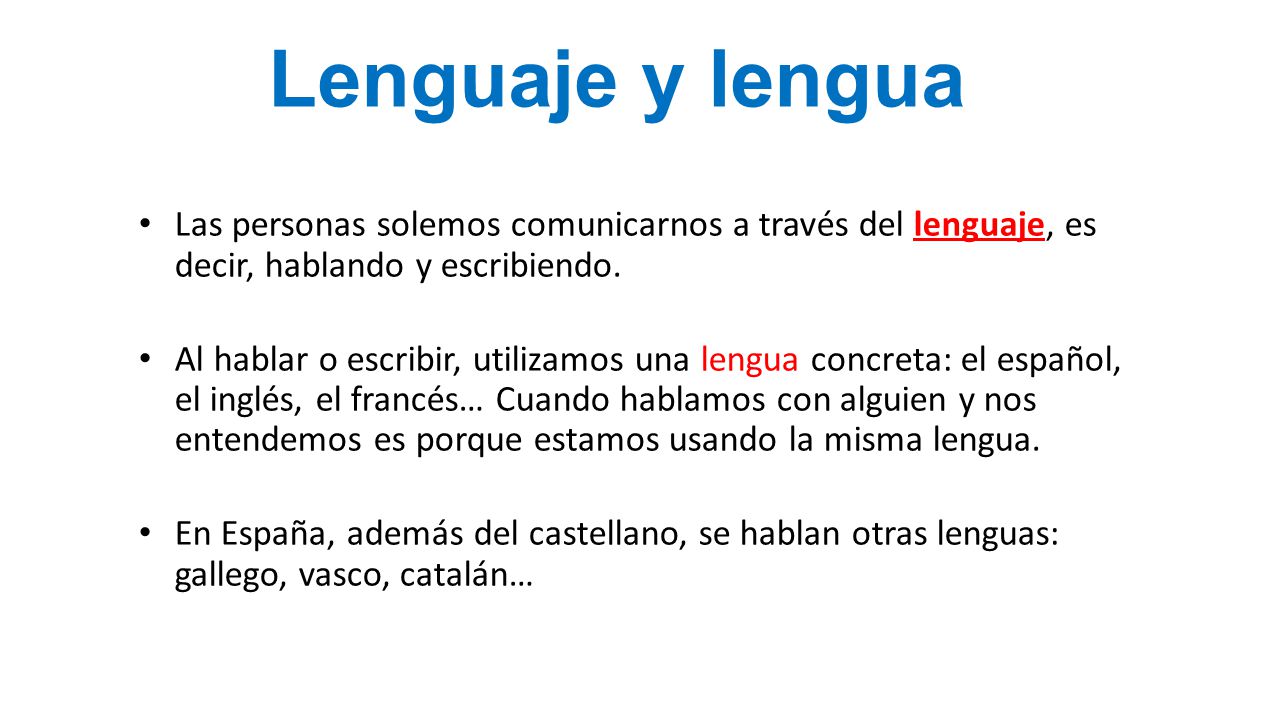 Lenguaje y lengua Las personas solemos comunicarnos a través del lenguaje, es decir, hablando y escribiendo.