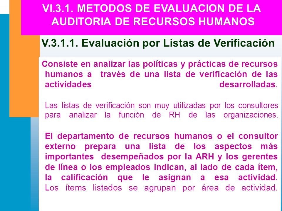 VI.3.1. METODOS DE EVALUACION DE LA AUDITORIA DE RECURSOS HUMANOS