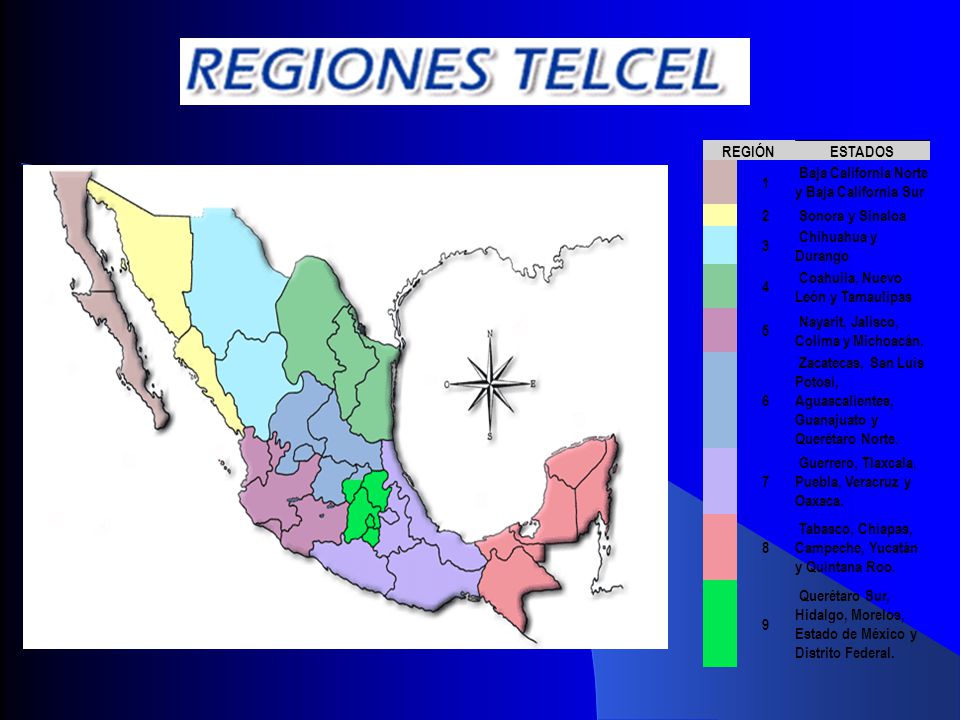 REGIÓN ESTADOS. 1. Baja California Norte y Baja California Sur. 2. Sonora y Sinaloa. 3. Chihuahua y Durango.