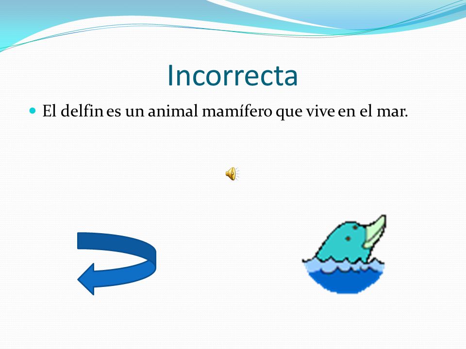 Incorrecta El delfin es un animal mamífero que vive en el mar.