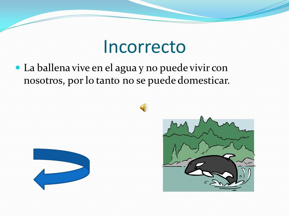 Incorrecto La ballena vive en el agua y no puede vivir con nosotros, por lo tanto no se puede domesticar.