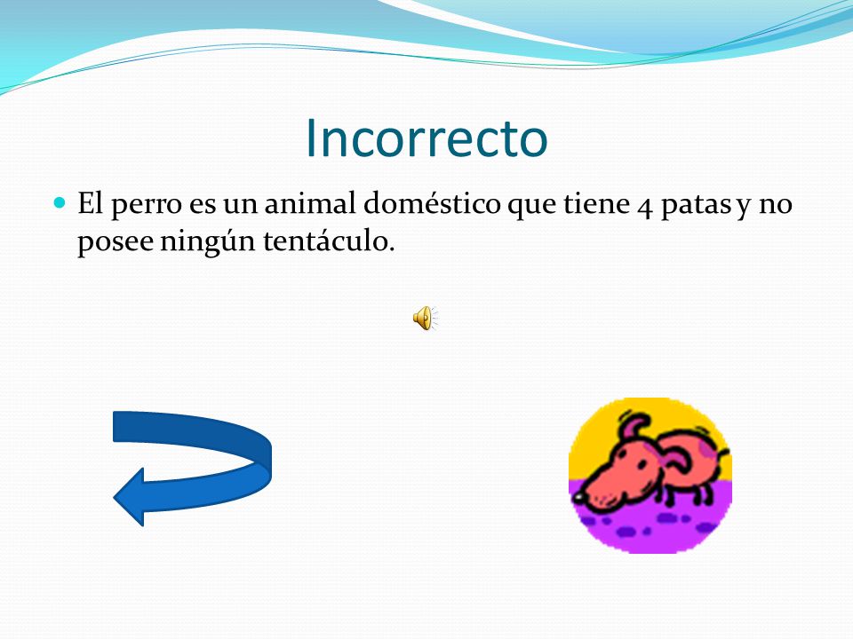 Incorrecto El perro es un animal doméstico que tiene 4 patas y no posee ningún tentáculo.