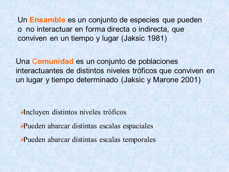 Un Ensamble es un conjunto de especies que pueden o no interactuar en forma directa o indirecta, que conviven en un tiempo y lugar (Jaksic 1981)