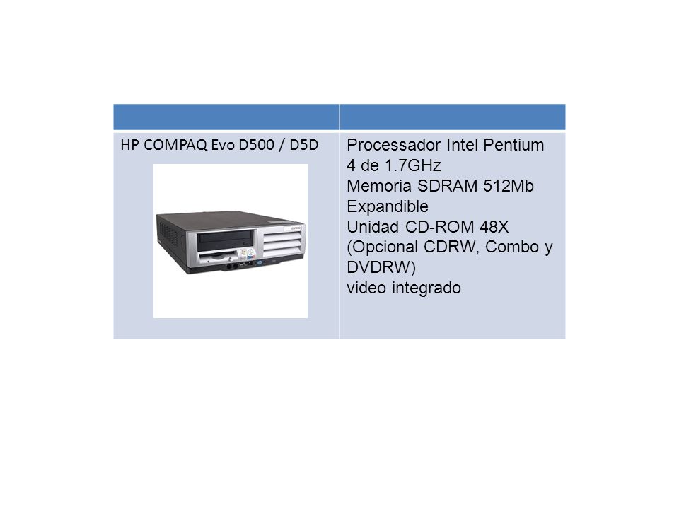 HP COMPAQ Evo D500 / D5D Processador Intel Pentium 4 de 1.7GHz Memoria SDRAM 512Mb Expandible.