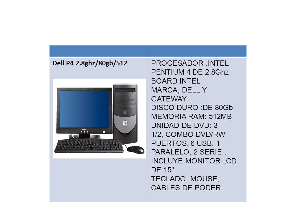 Dell P4 2.8ghz/80gb/512 PROCESADOR :INTEL PENTIUM 4 DE 2.8Ghz. BOARD INTEL. MARCA, DELL Y GATEWAY.