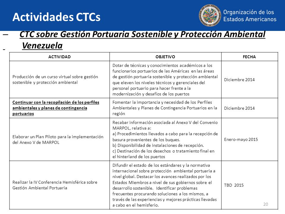 Actividades CTCs CTC sobre Gestión Portuaria Sostenible y Protección Ambiental. Venezuela. ACTIVIDAD.