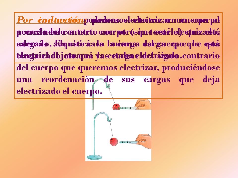 Por inducción: podemos electrizar un cuerpo acercándolo a otro cuerpo (sin tocarlo) que esté cargado. En este caso la carga del cuerpo que está electrizado atraerá las cargas del signo contrario del cuerpo que queremos electrizar, produciéndose una reordenación de sus cargas que deja electrizado el cuerpo.