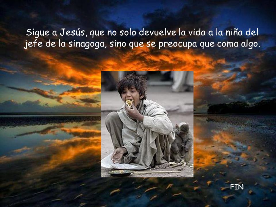 Sigue a Jesús, que no solo devuelve la vida a la niña del jefe de la sinagoga, sino que se preocupa que coma algo.