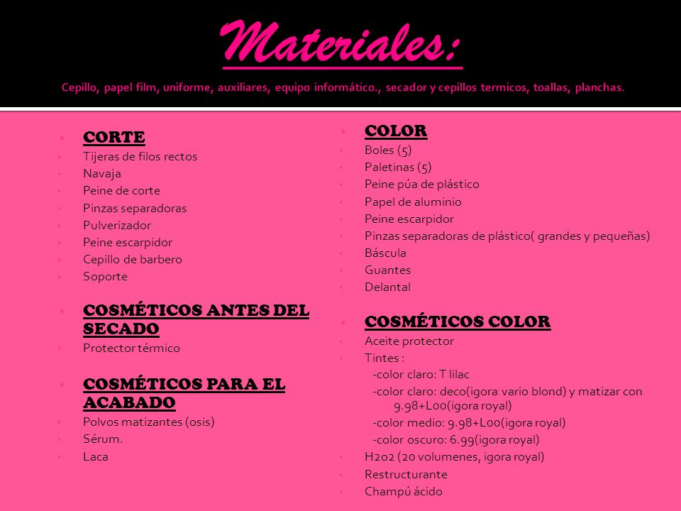 Materiales: Cepillo, papel film, uniforme, auxiliares, equipo informático., secador y cepillos termicos, toallas, planchas.