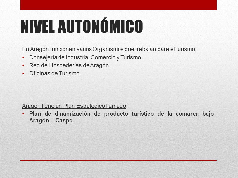 NIVEL AUTONÓMICO En Aragón funcionan varios Organismos que trabajan para el turismo: Consejería de Industria, Comercio y Turismo.