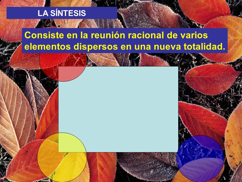 LA SÍNTESIS Consiste en la reunión racional de varios elementos dispersos en una nueva totalidad.