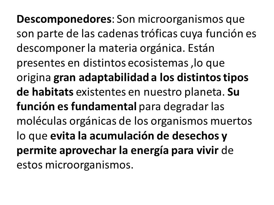 Descomponedores: Son microorganismos que son parte de las cadenas tróficas cuya función es descomponer la materia orgánica.