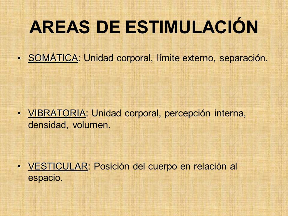 AREAS DE ESTIMULACIÓN SOMÁTICA: Unidad corporal, límite externo, separación. VIBRATORIA: Unidad corporal, percepción interna, densidad, volumen.