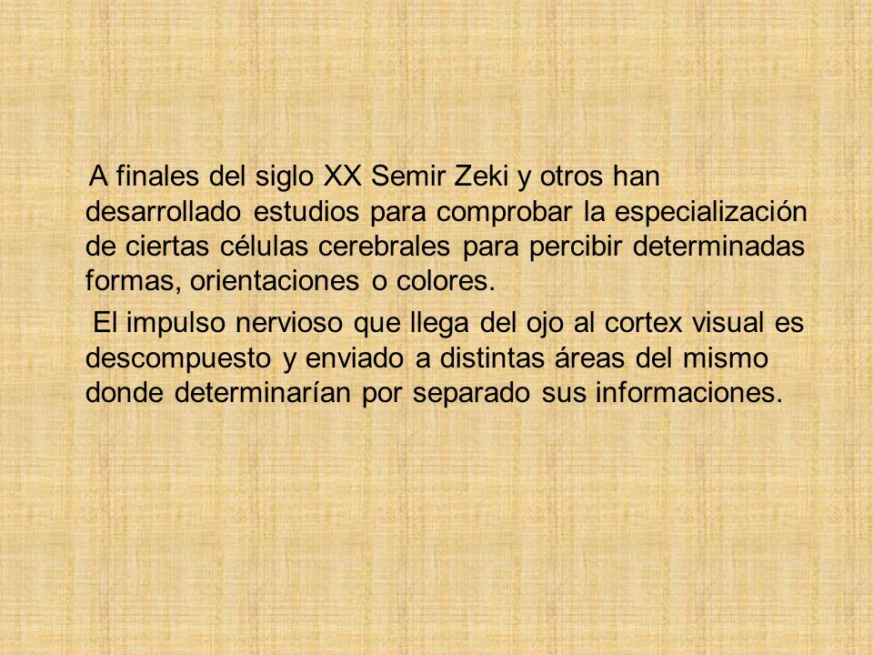 A finales del siglo XX Semir Zeki y otros han desarrollado estudios para comprobar la especialización de ciertas células cerebrales para percibir determinadas formas, orientaciones o colores.