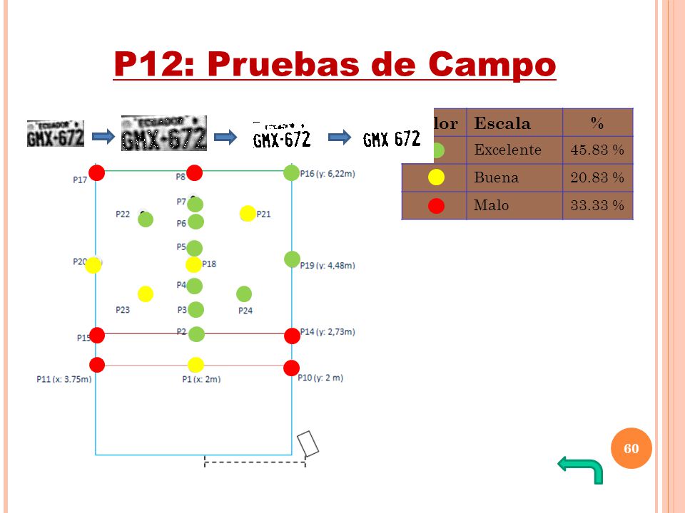 P12: Pruebas de Campo Color Escala % Excelente % Buena %