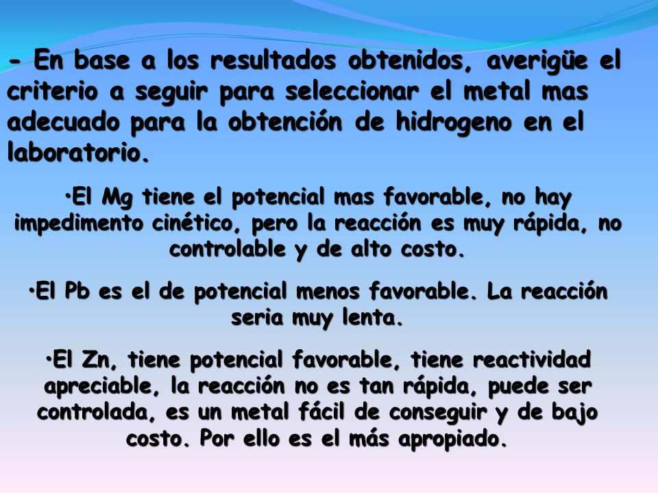El Pb es el de potencial menos favorable. La reacción seria muy lenta.