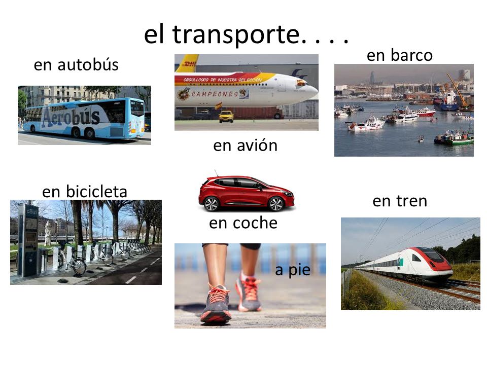 el transporte en barco en autobús en avión en bicicleta en tren