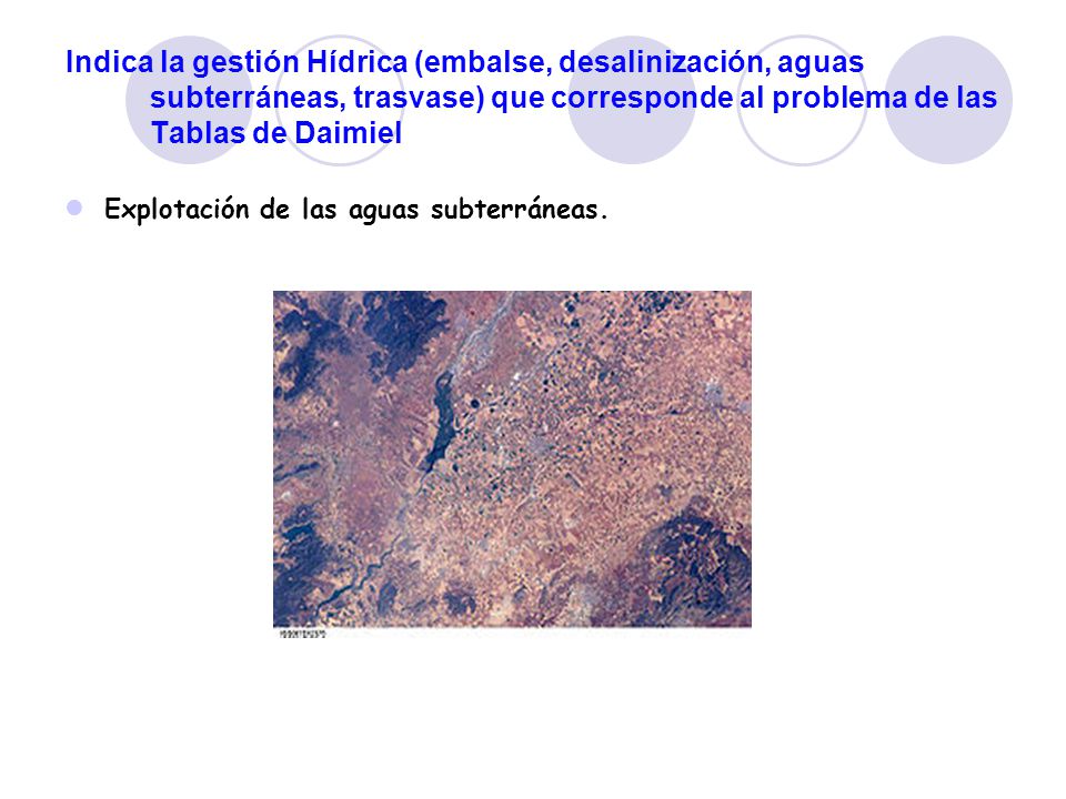 Indica la gestión Hídrica (embalse, desalinización, aguas subterráneas, trasvase) que corresponde al problema de las Tablas de Daimiel