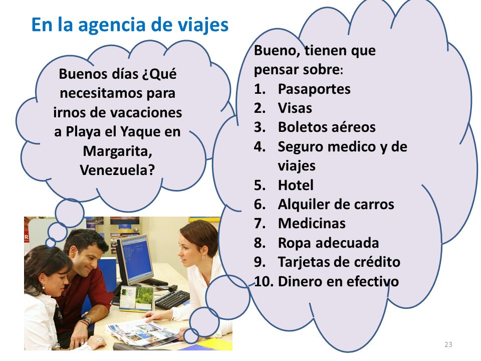 En la agencia de viajes Bueno, tienen que pensar sobre: Pasaportes