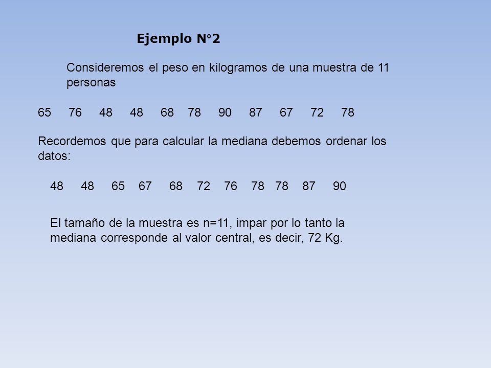 Ejemplo N°2 Consideremos el peso en kilogramos de una muestra de 11 personas.
