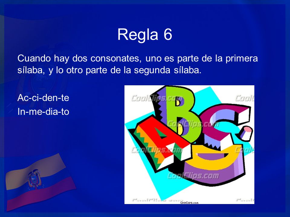 Regla 6 Cuando hay dos consonates, uno es parte de la primera sílaba, y lo otro parte de la segunda sílaba.