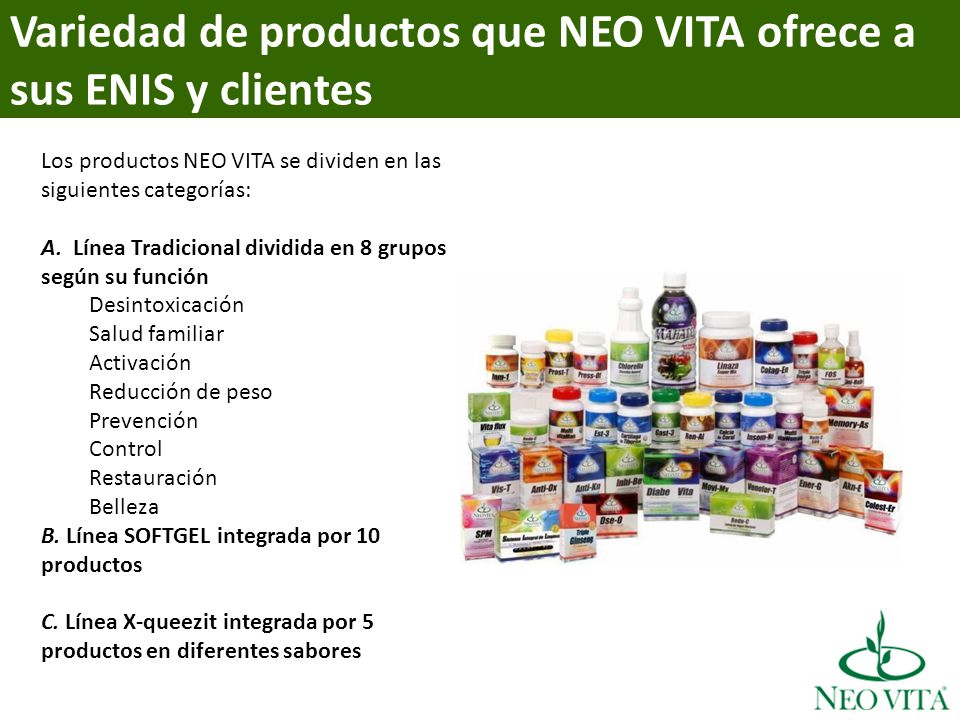 Variedad de productos que NEO VITA ofrece a sus ENIS y clientes