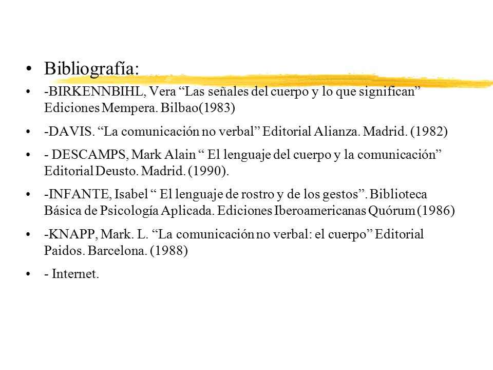 Bibliografía: -BIRKENNBIHL, Vera Las señales del cuerpo y lo que significan Ediciones Mempera. Bilbao(1983)