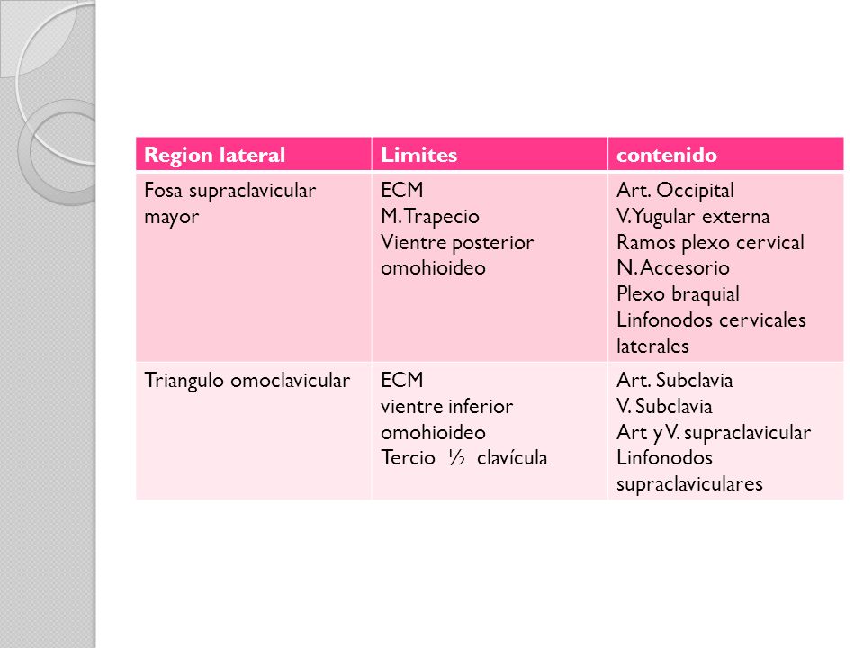 Region lateral Limites. contenido. Fosa supraclavicular mayor. ECM. M. Trapecio. Vientre posterior omohioideo.