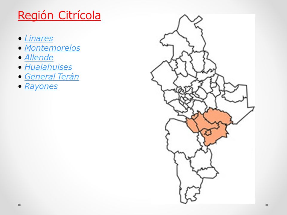 Región Citrícola • Linares • Montemorelos • Allende • Hualahuises • General Terán • Rayones