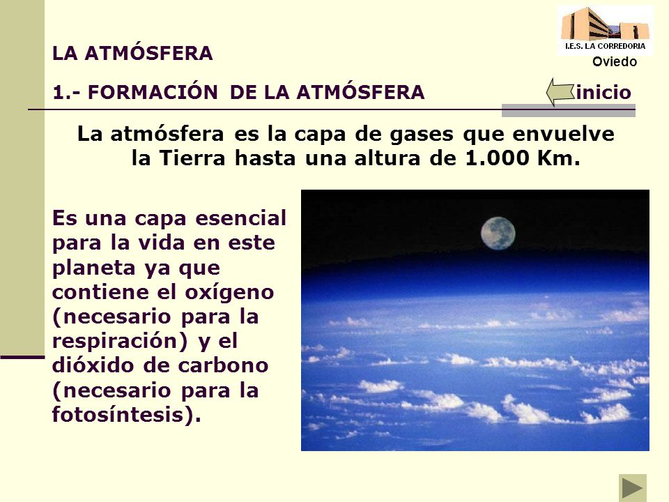 LA ATMÓSFERA Oviedo. 1.- FORMACIÓN DE LA ATMÓSFERA. inicio. La atmósfera es la capa de gases que envuelve la Tierra hasta una altura de Km.