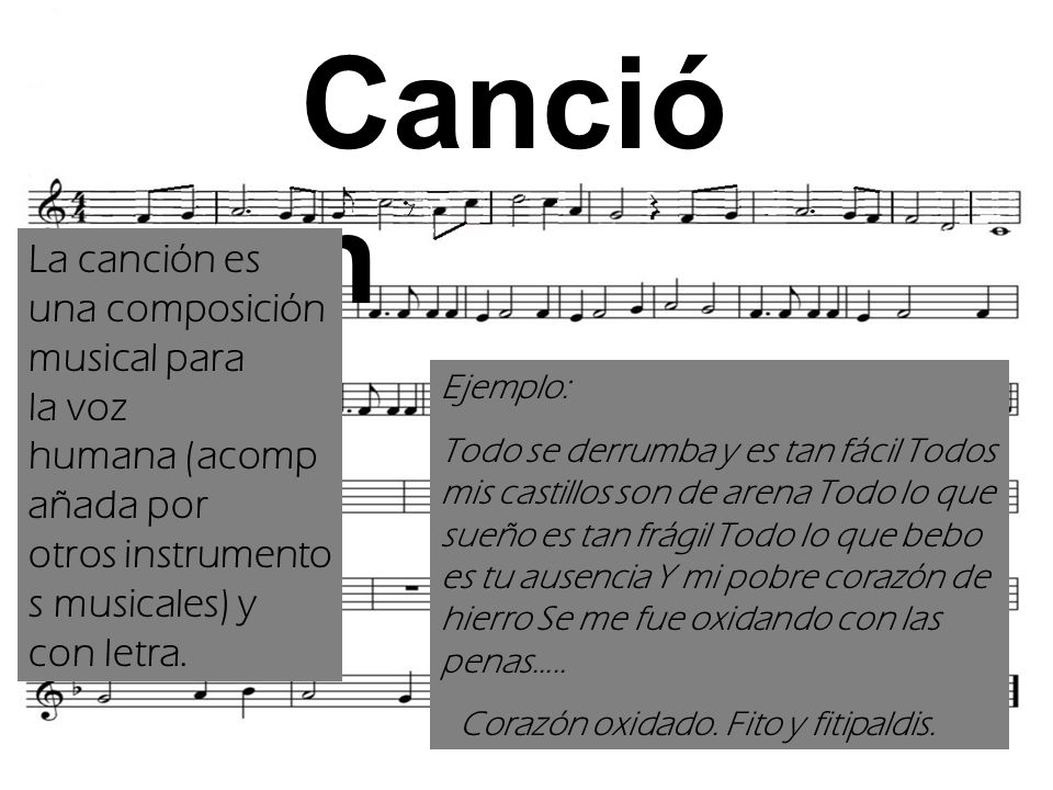 Canción La canción es una composición musical para la voz humana (acompañada por otros instrumentos musicales) y con letra.