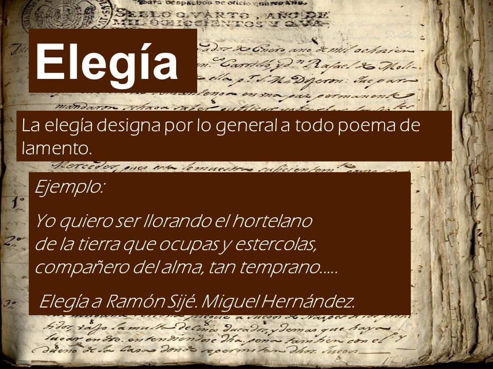 Elegía La elegía designa por lo general a todo poema de lamento.