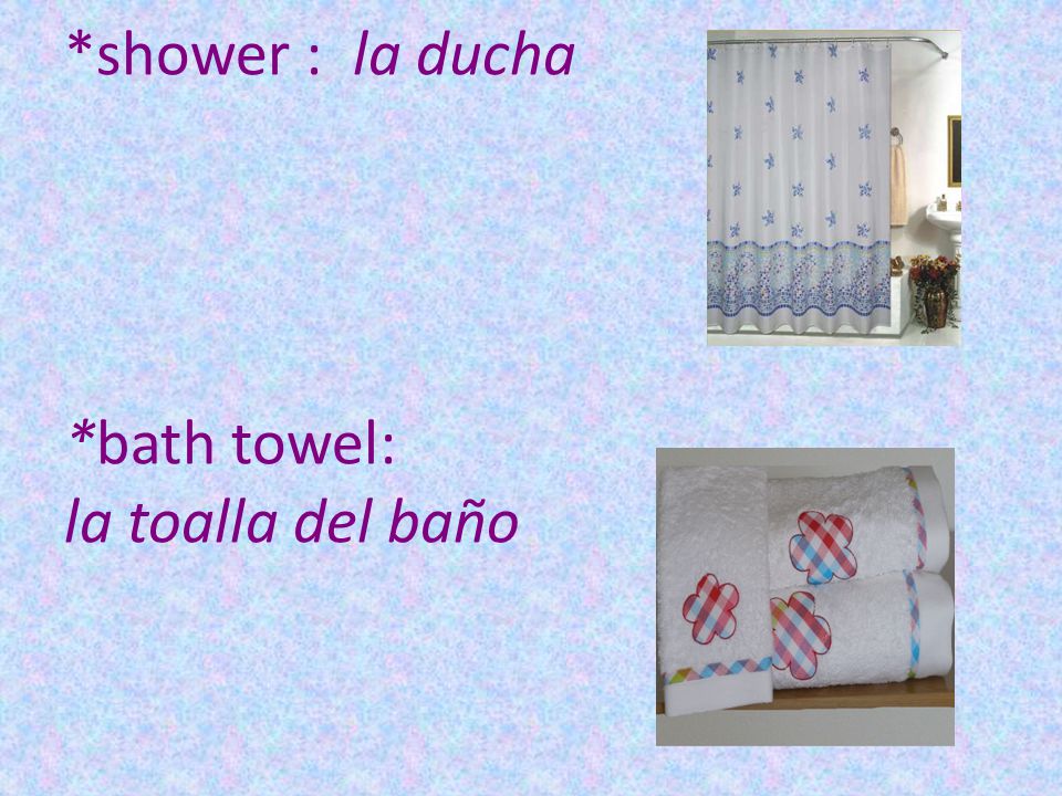 *shower : la ducha *bath towel: la toalla del baño