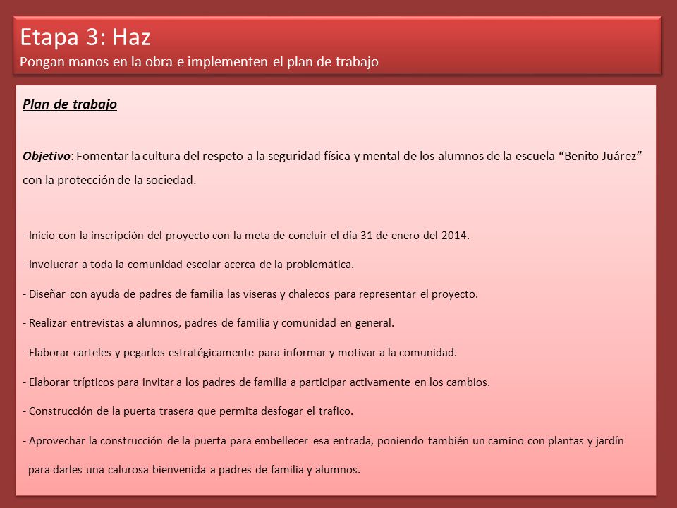 Etapa 3: Haz Pongan manos en la obra e implementen el plan de trabajo