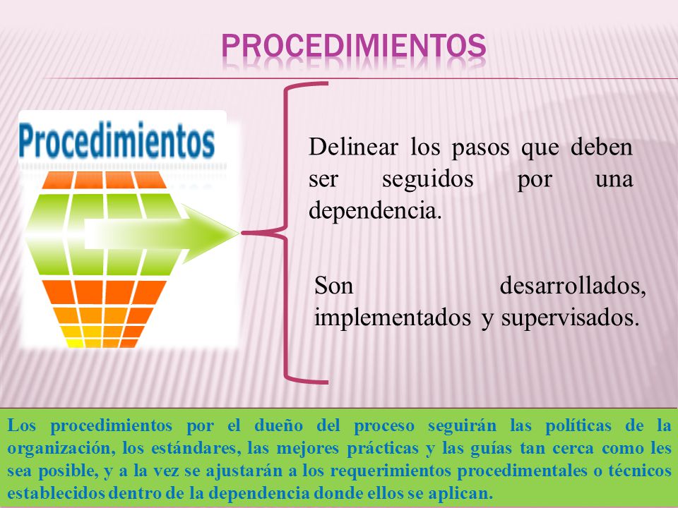 Procedimientos Delinear los pasos que deben ser seguidos por una dependencia. Son desarrollados, implementados y supervisados.
