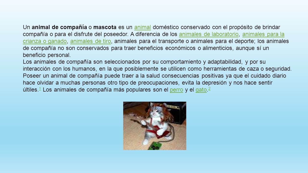 Un animal de compañía o mascota es un animal doméstico conservado con el propósito de brindar compañía o para el disfrute del poseedor. A diferencia de los animales de laboratorio, animales para la crianza o ganado, animales de tiro, animales para el transporte o animales para el deporte; los animales de compañía no son conservados para traer beneficios económicos o alimenticios, aunque sí un beneficio personal.