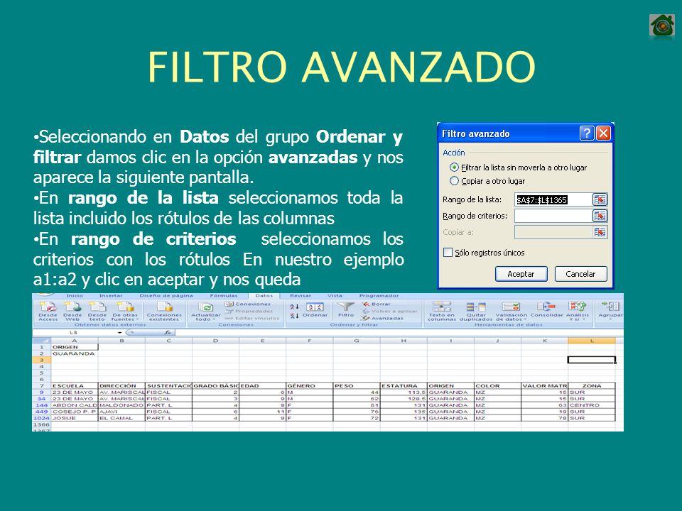 FILTRO AVANZADO Seleccionando en Datos del grupo Ordenar y filtrar damos clic en la opción avanzadas y nos aparece la siguiente pantalla.