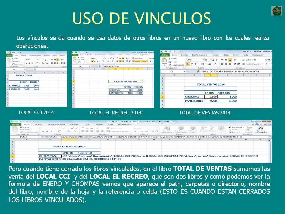 USO DE VINCULOS Los vínculos se da cuando se usa datos de otros libros en un nuevo libro con los cuales realiza operaciones.