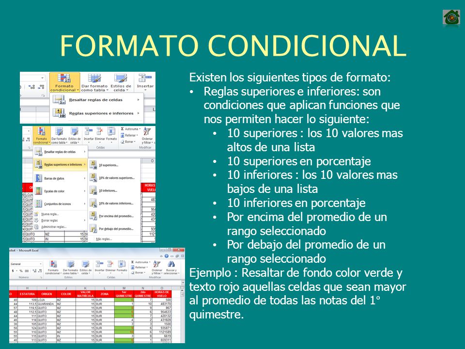 FORMATO CONDICIONAL Existen los siguientes tipos de formato: