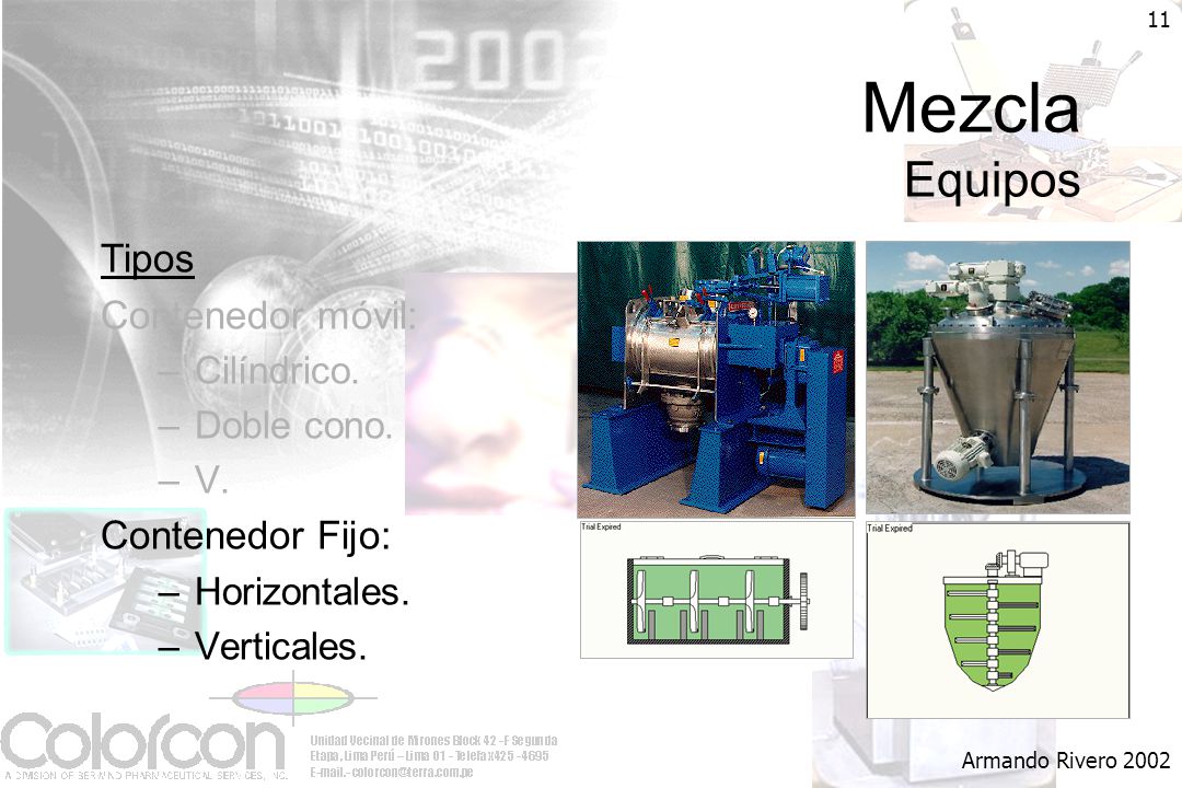 Mezcla Equipos Tipos Contenedor móvil: Contenedor Fijo: Cilíndrico.