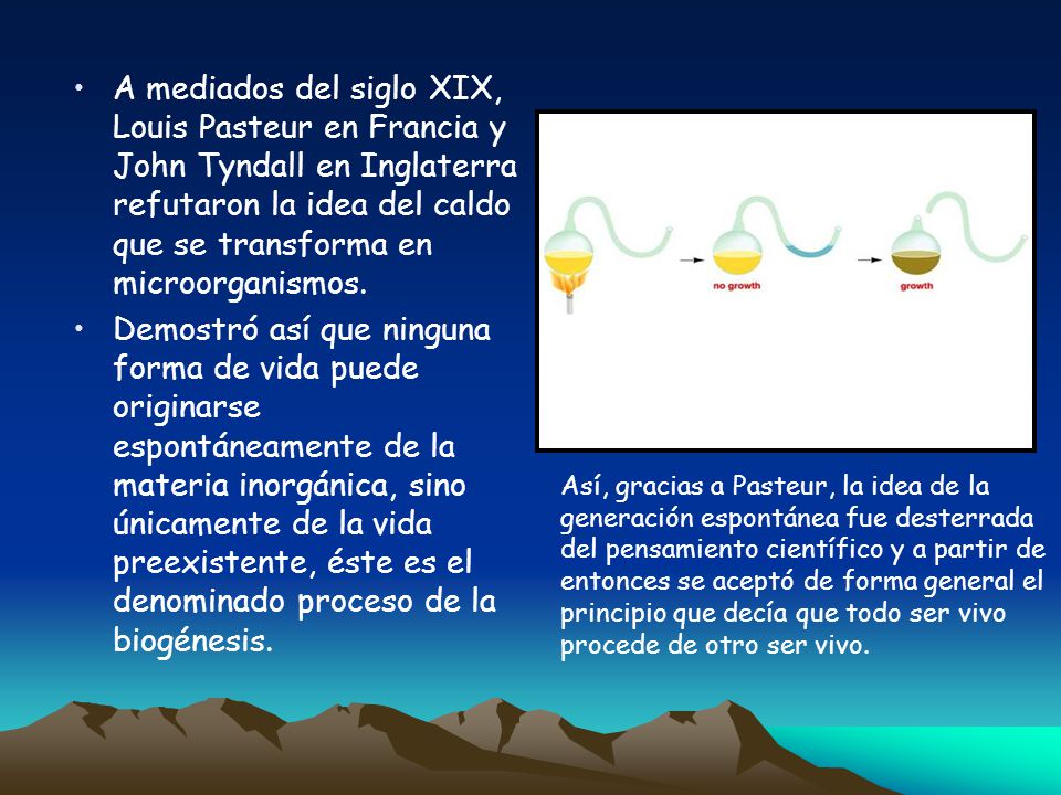 A mediados del siglo XIX, Louis Pasteur en Francia y John Tyndall en Inglaterra refutaron la idea del caldo que se transforma en microorganismos.