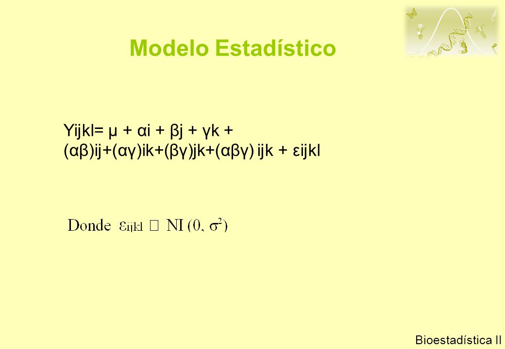 Modelo Estadístico Yijkl= μ + αi + βj + γk + (αβ)ij+(αγ)ik+(βγ)jk+(αβγ) ijk + εijkl. Bioestadística II.