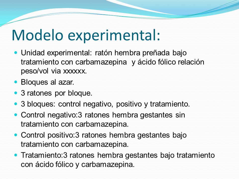 Modelo experimental: Unidad experimental: ratón hembra preñada bajo tratamiento con carbamazepina y ácido fólico relación peso/vol via xxxxxx.