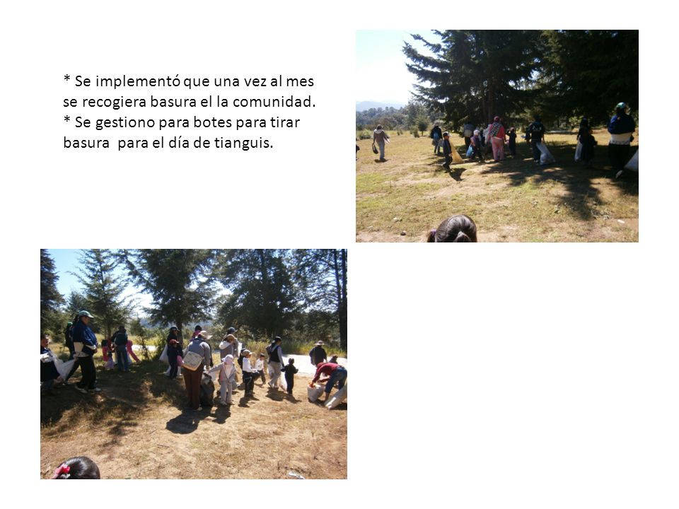 * Se implementó que una vez al mes se recogiera basura el la comunidad.