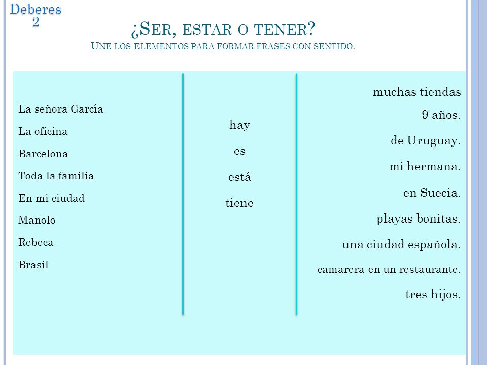 ¿Ser, estar o tener Une los elementos para formar frases con sentido.