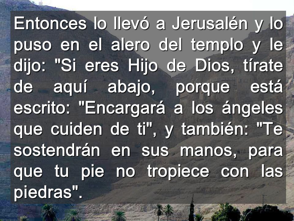 Entonces lo llevó a Jerusalén y lo puso en el alero del templo y le dijo: Si eres Hijo de Dios, tírate de aquí abajo, porque está escrito: Encargará a los ángeles que cuiden de ti , y también: Te sostendrán en sus manos, para que tu pie no tropiece con las piedras .