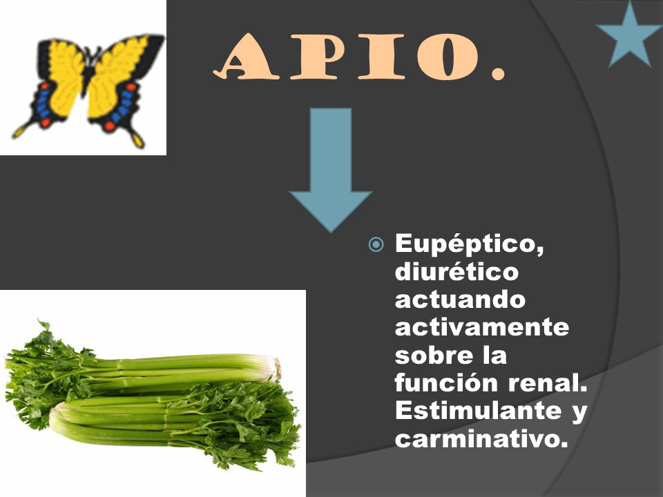 Apio. Eupéptico, diurético actuando activamente sobre la función renal. Estimulante y carminativo.