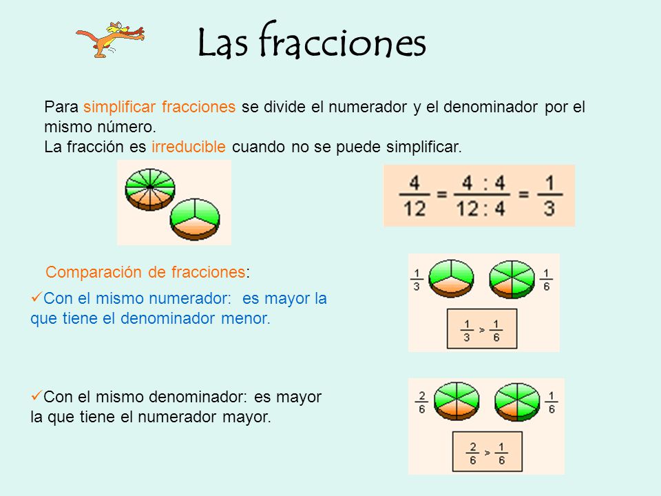 Las fracciones Para simplificar fracciones se divide el numerador y el denominador por el mismo número.